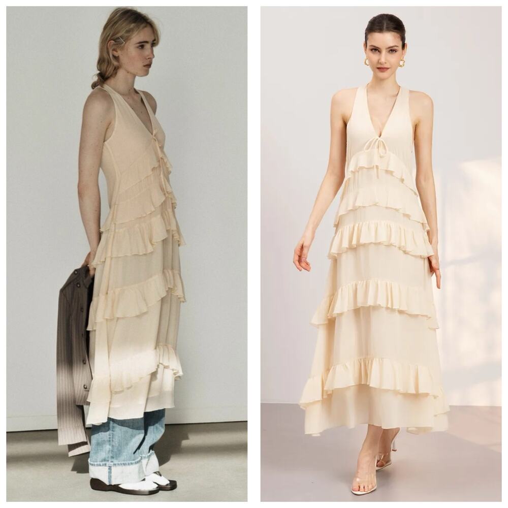 Zara Chiffon Ruffled Cream Midi Dress 4772/314 NWT Size Small Boho Romantic